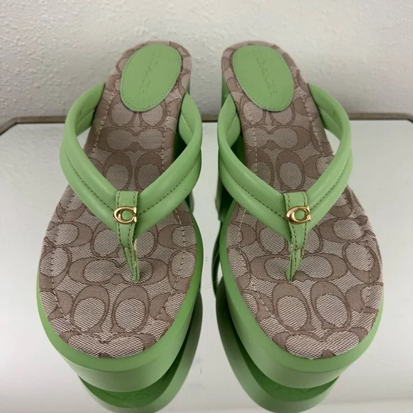!SOLD! COACH Pistachio Green Leather Y2K Franki Monogram Platform Flip Flops - Picture 6 of 12